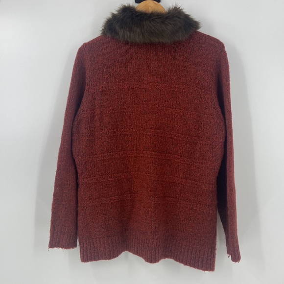 Rust colored wool blend toggle close knit sweater Jacket faux fur collar large - Picture 15 of 16